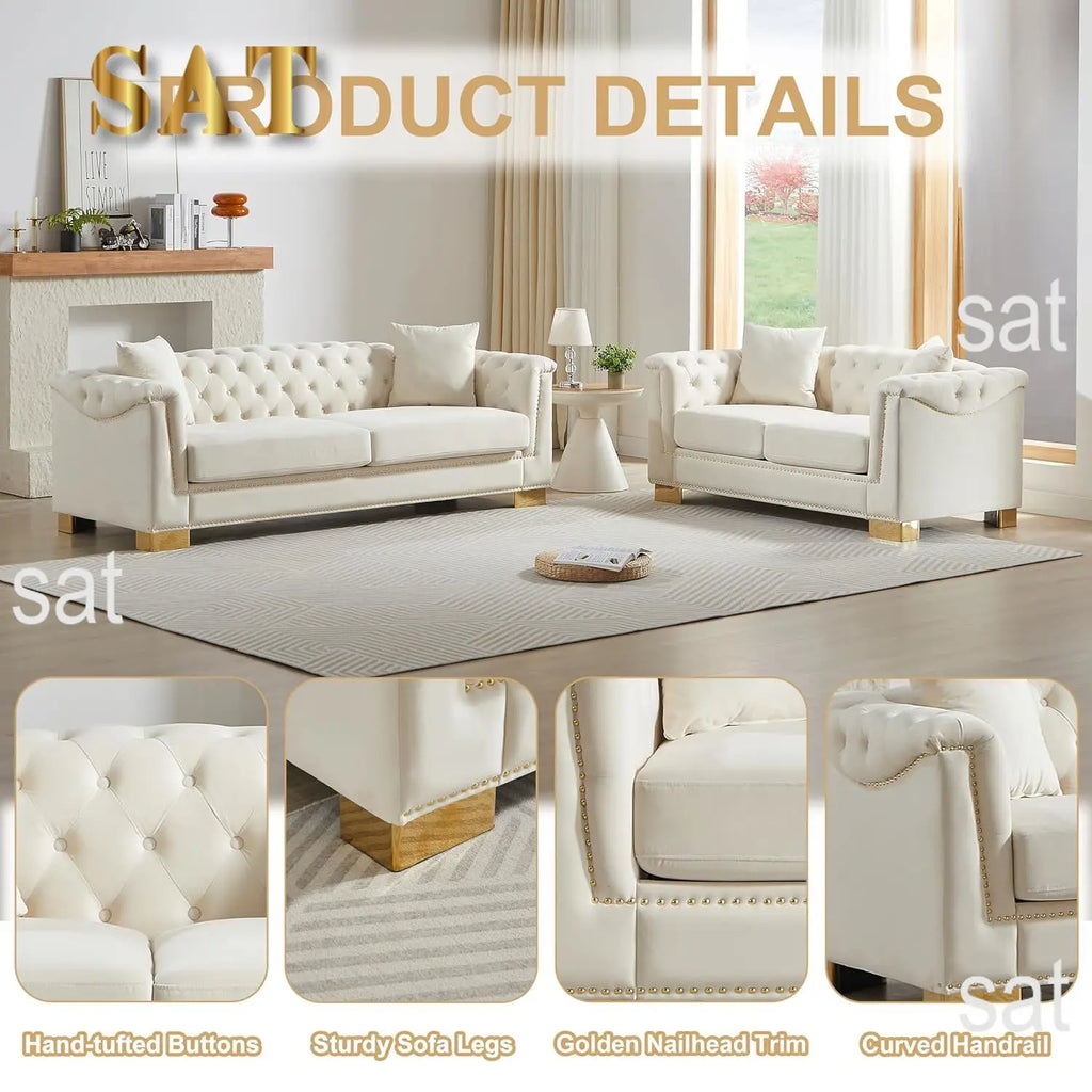 #2 Pieces 84" 3-Seater + 62" Loveseat Beige Velvet Sofa Sets, 4 Cushion Classic 6.5" Rolled Arm Modern, Customized