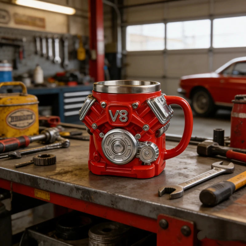 V8/V6 Engine Shape Coffee Mug Creative Stainless Steel Liner Car Enthusiast Gift Red Mechanical Style Cup