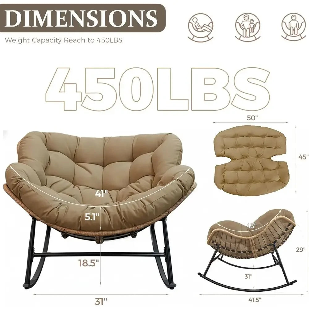 Patio Rocking Chair Set o 2, Outdoor Indoor Oversized Papasan Chairs, 2 Person Double Wicker Egg Rockers with Padded Cushions, C
