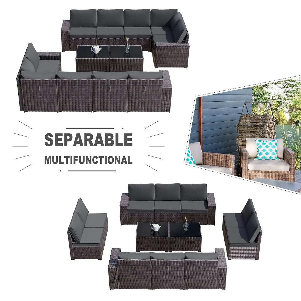 12 Piece Outdoor Wicker Sectional Sofa Set, Patio Garden Furniture, PE Rattan, Customized