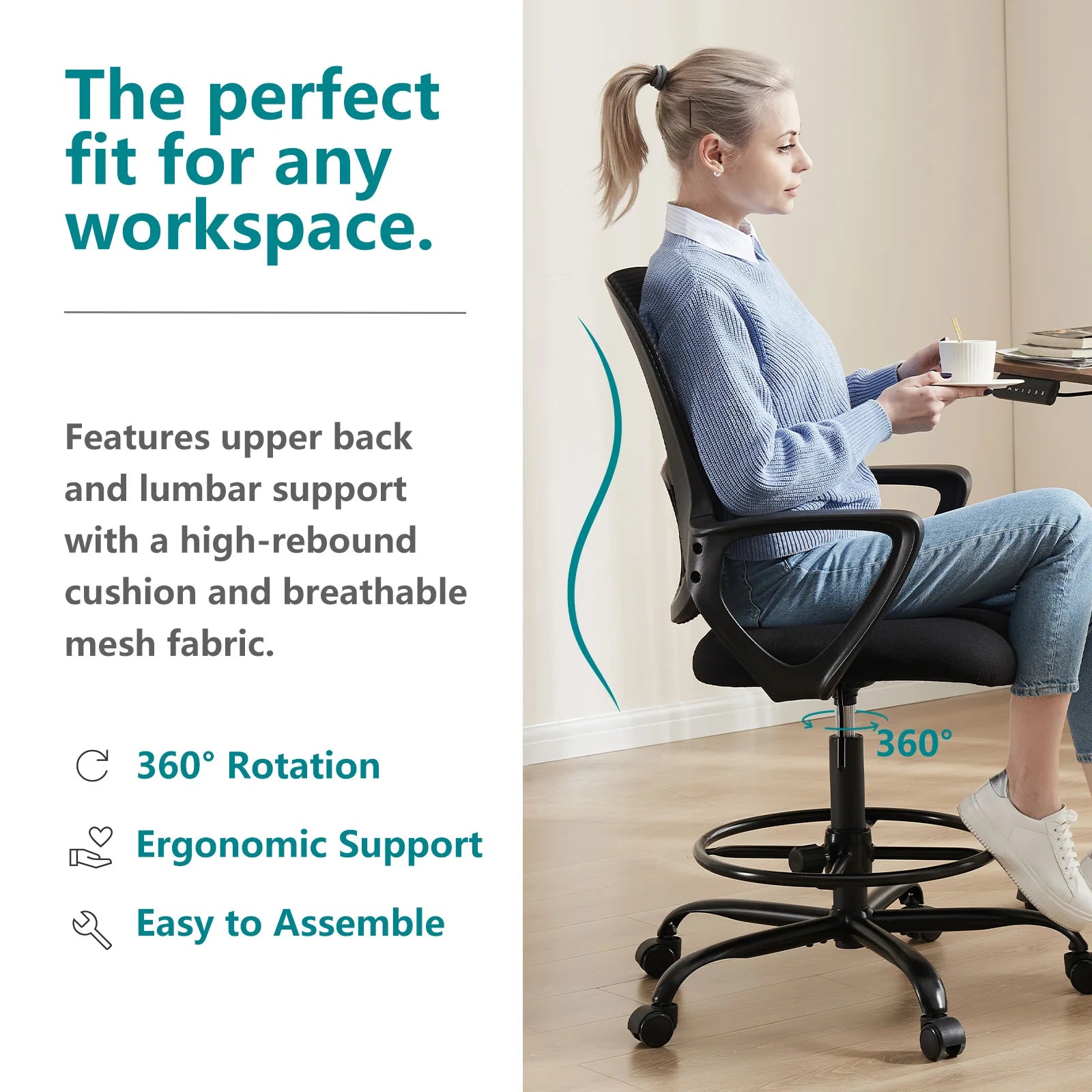 JHK Ergonomic Mid-Back Mesh Backrest Office Desk Chair Computer Lumbar Support Rolling Swivel Gaming Chairs With Wheels For Home