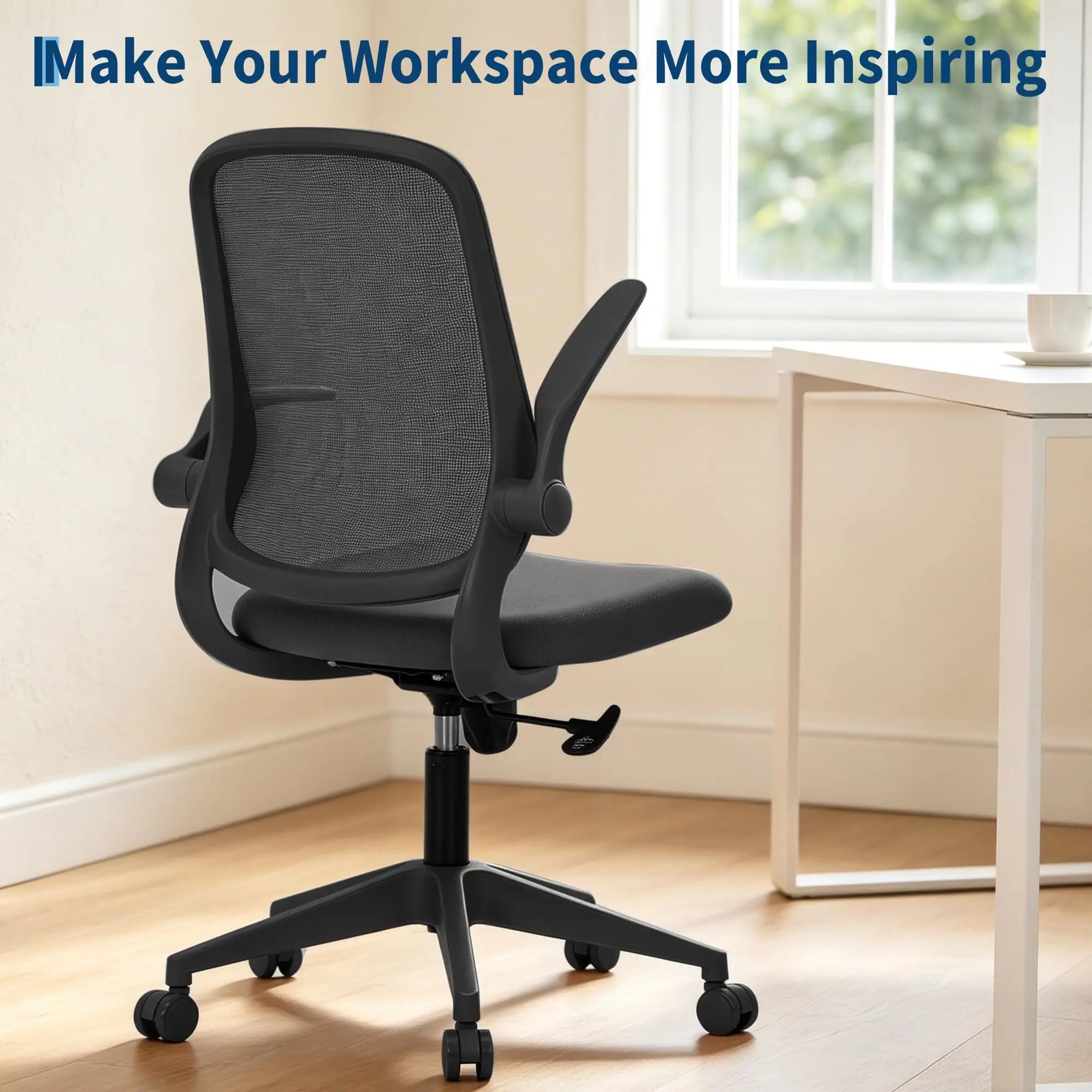 Ergonomic Office Chair With Flip Up Arms, Black Mesh Desk Chair With Lumbar Support, Adjustable Swivel Computer Chair For Home Office
