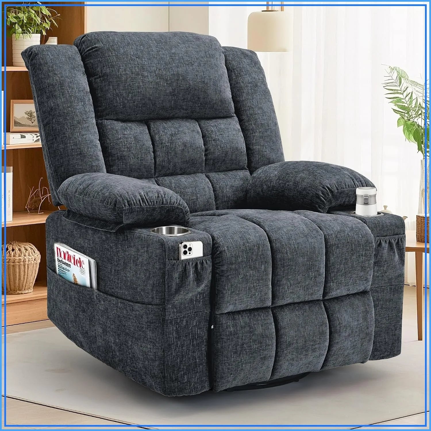 360° Swivel Rocker Recliner with Massage & Heating, Cup Holder, Fabric Dark Gray