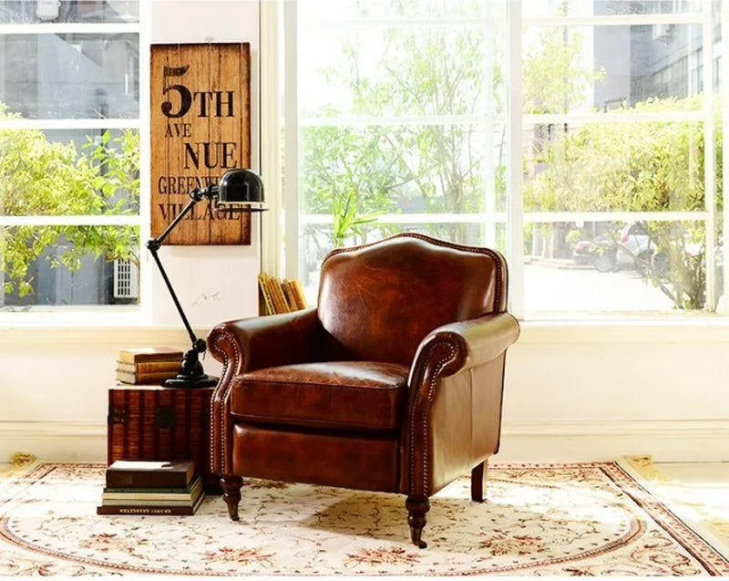 TT retro first-layer cowhide single sofa study sofa