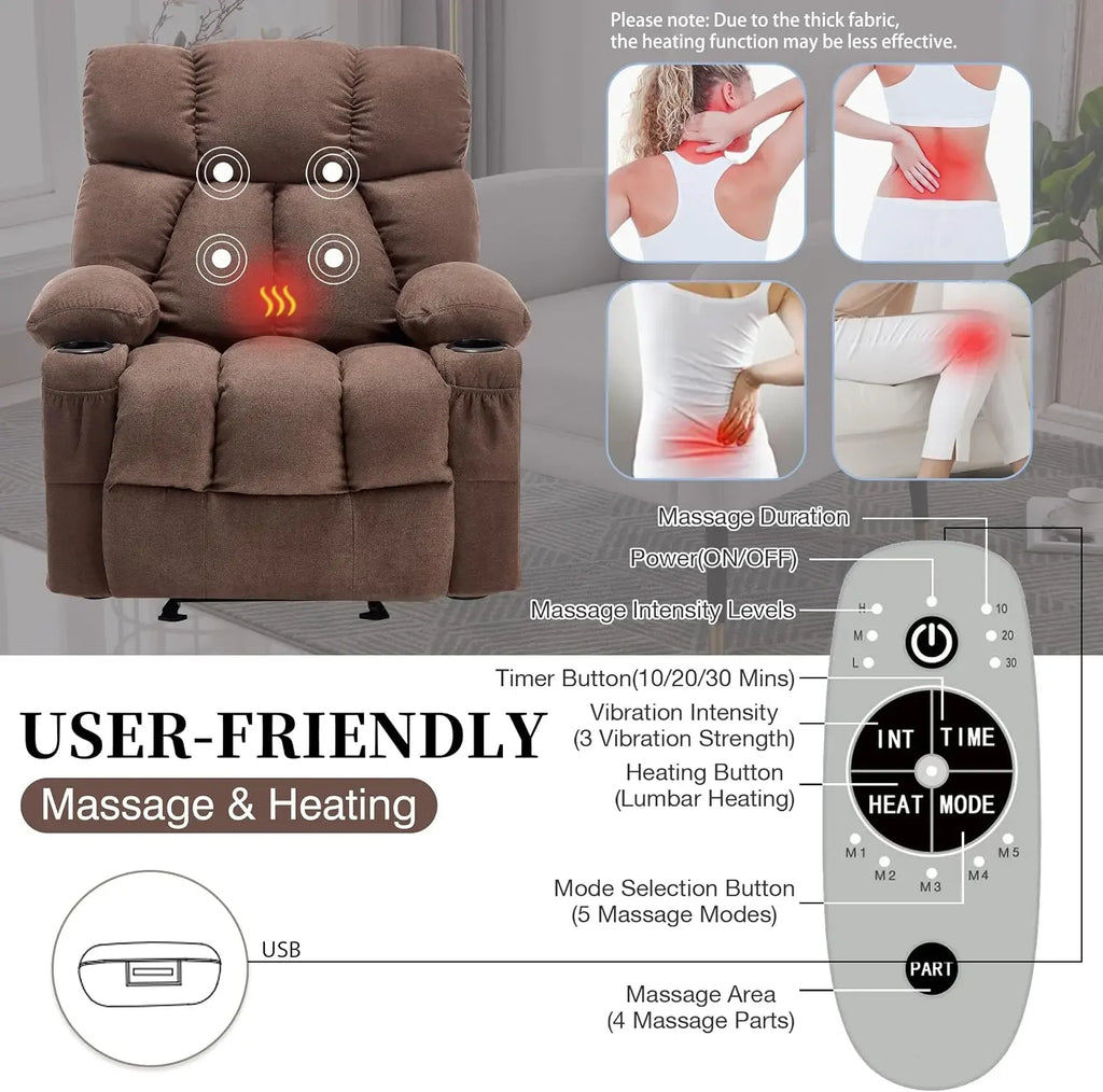 New Best Deal US Shipping Ergonomic Massage Recliner Chair with Heat and Vibration Overstuffed Rocking Lounge Chair with Side Po
