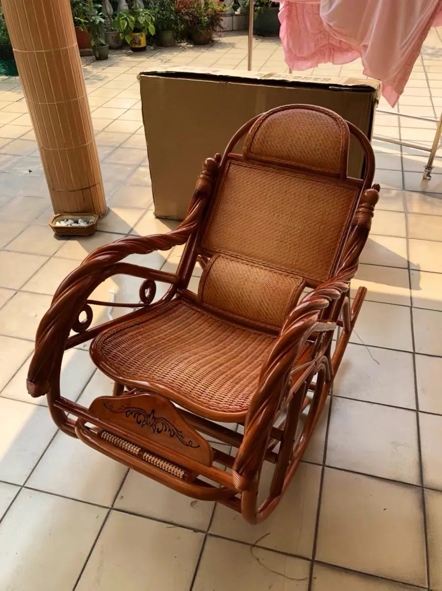 CZ Rocking Chair Hanging Basket Natural Real Rattan Plant Woven Relaxing Leisure Recliner