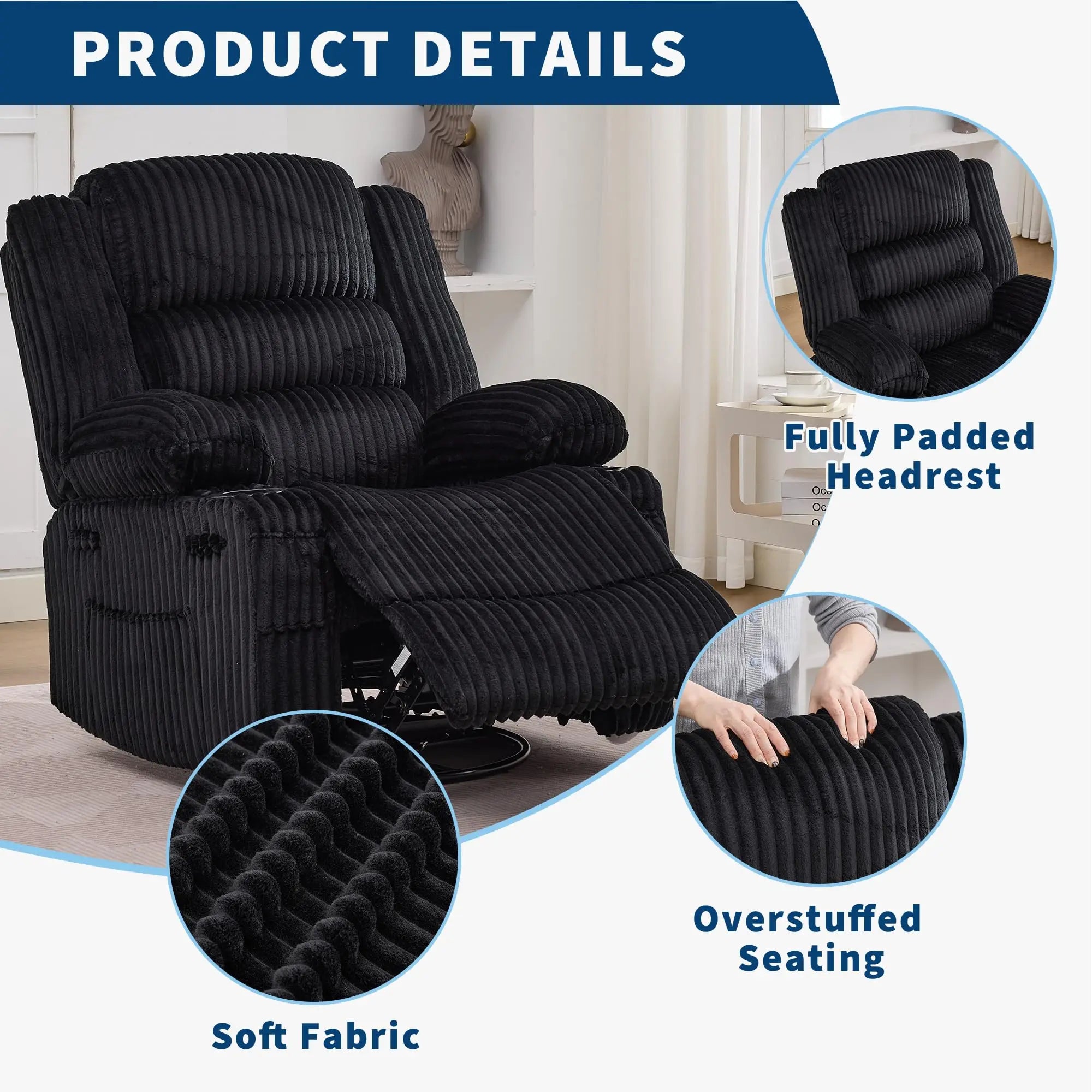 Jumbo Corduroy Rocking Recliner Chair With Cup Holder Swivel Glider Upholstered Deep Seat Lazy Boy Nursery Chair For Living Room