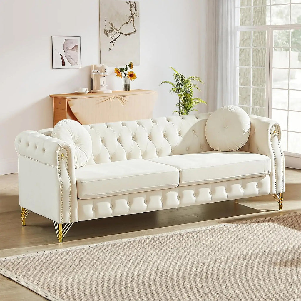 Sofa, Tufted Velvet Nailhead Trim Gold Legs, 3-Seater Deep Seat Living Room Bedroom Office 82" Beige, Customized