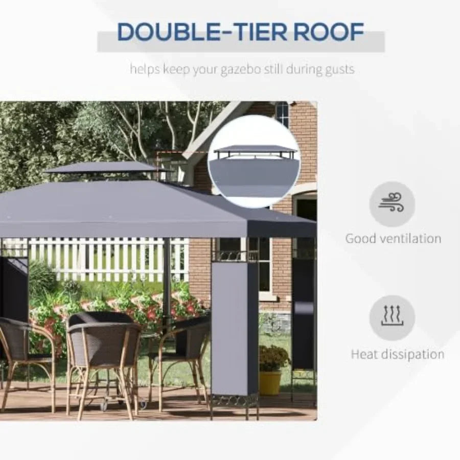 9.6' x 13' Patio Gazebo w/Screen Decorate Corner Frame