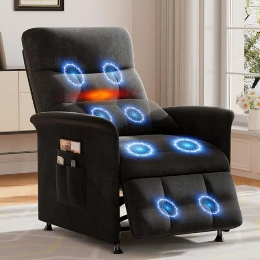 Power Recliner Chair for Adults with Heat and Massage - Soft Fabric Electric Reclining Sofa with Remote Control, 3 Side Pockets