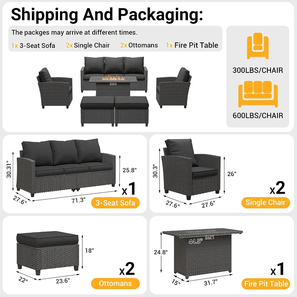 6 Pcs Patio Furniture Set with 44" Propane Gas Fire Pit Table, Rattan Outdoor Couch with Ottomans, 4" Thick, Customized
