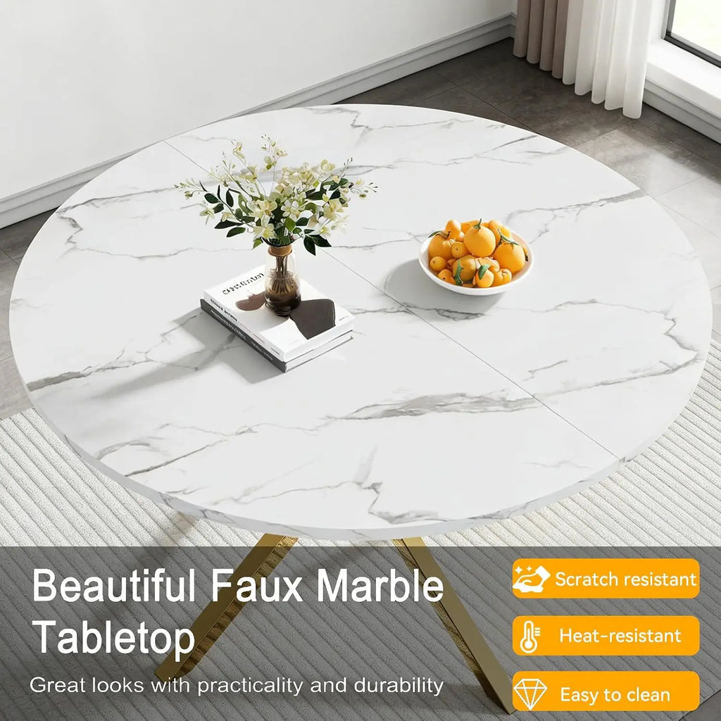 4-Seat Round Dining Table Set, 47" White Faux Marble Table with 4 Beige Velvet Tufted Chairs, Gold Stainless Steel, Customized