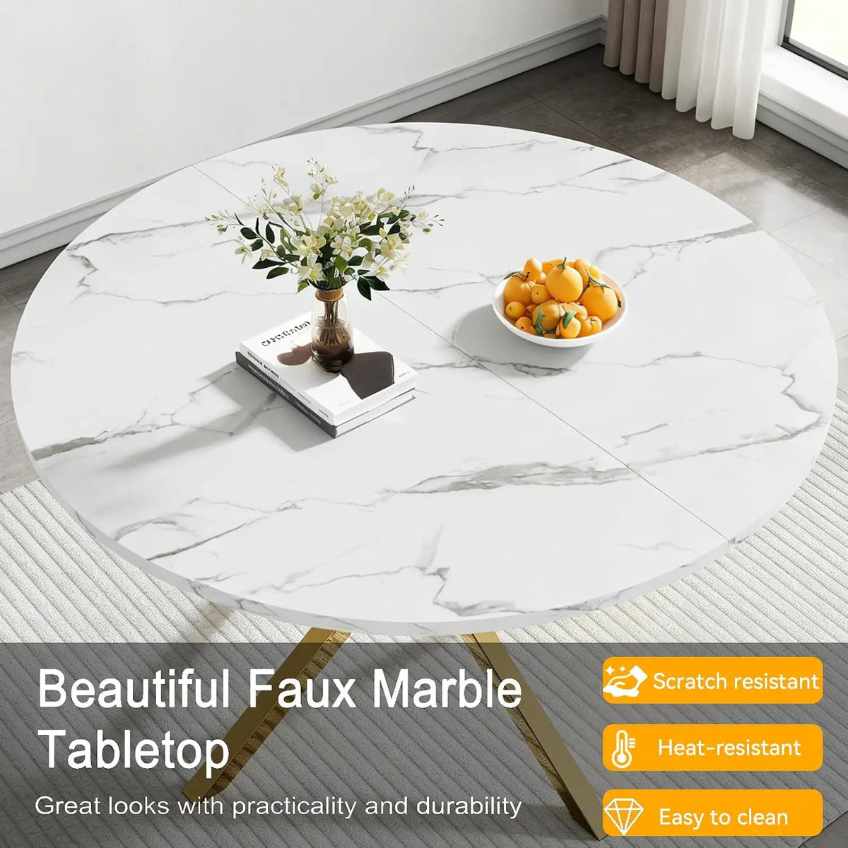 4-Seat Round Dining Table Set, 47" White Faux Marble Table with 4 Beige Velvet Tufted Chairs, Gold Stainless Steel, Customized