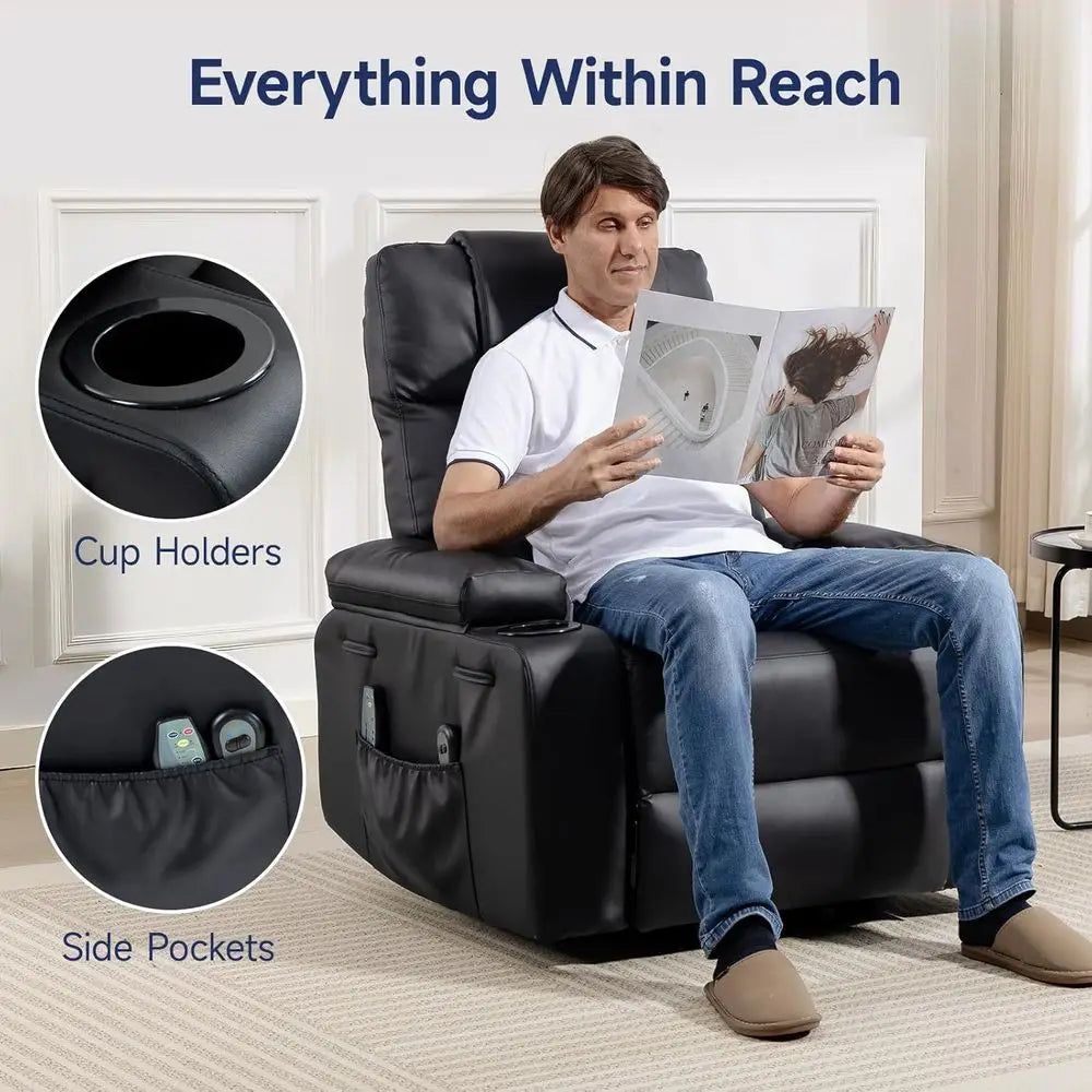 Power Lit Recliner Chair or Elderly with Massage & Heat, 160° Adjustable PU Leather Electric Recliner with Remote, Cup Holders,