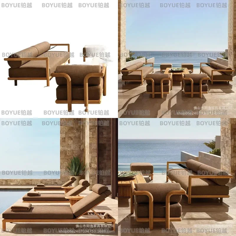 Teak Wood Outdoor Sofa Set Garden Patio Furniture Villa Terrace Long Table Solid Wood Courtyard Homestay Hotel Decor