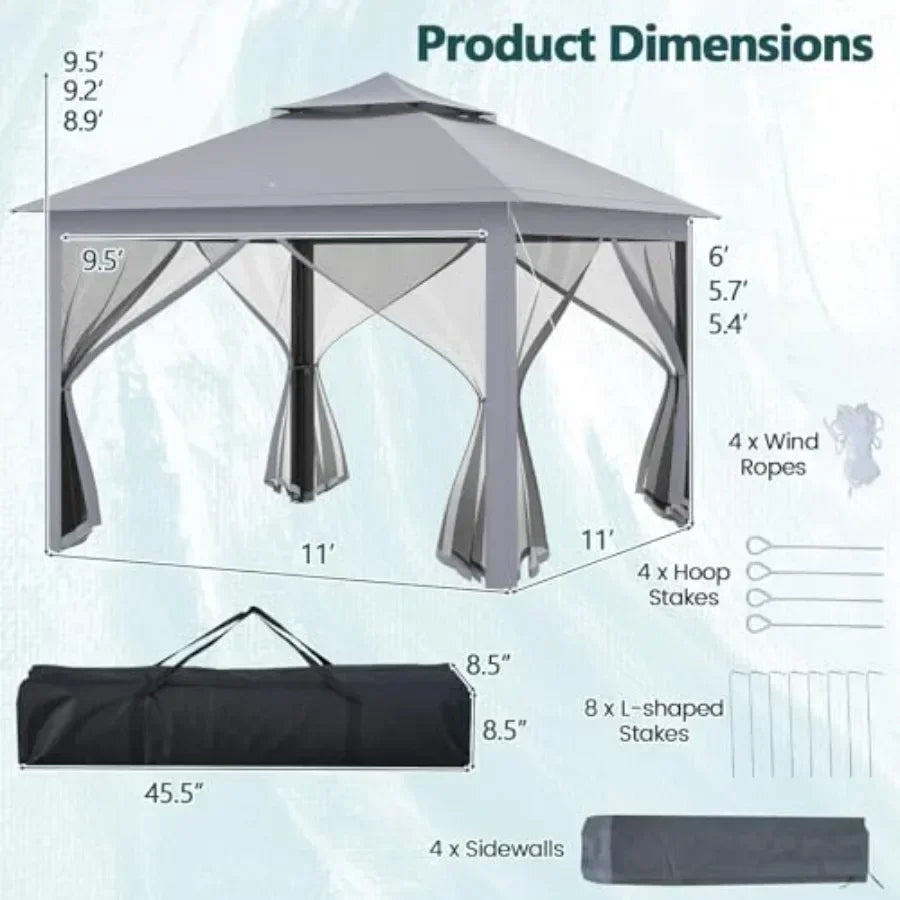 11 Feet × 11 Feet Pop up Gazebo Portable Sn  Shelter w/Mesh Netting Sidewalls Vented Top Drainage Holes Heavy-Duty Height Adjus