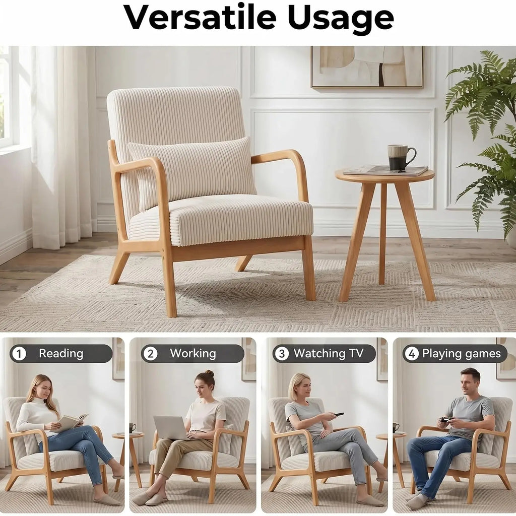 Mid Century Modern Upholstered Fabric Accent Armchairs Set of 2 with Lumbar Pillows & Solid Rubberwood Frame, Customized
