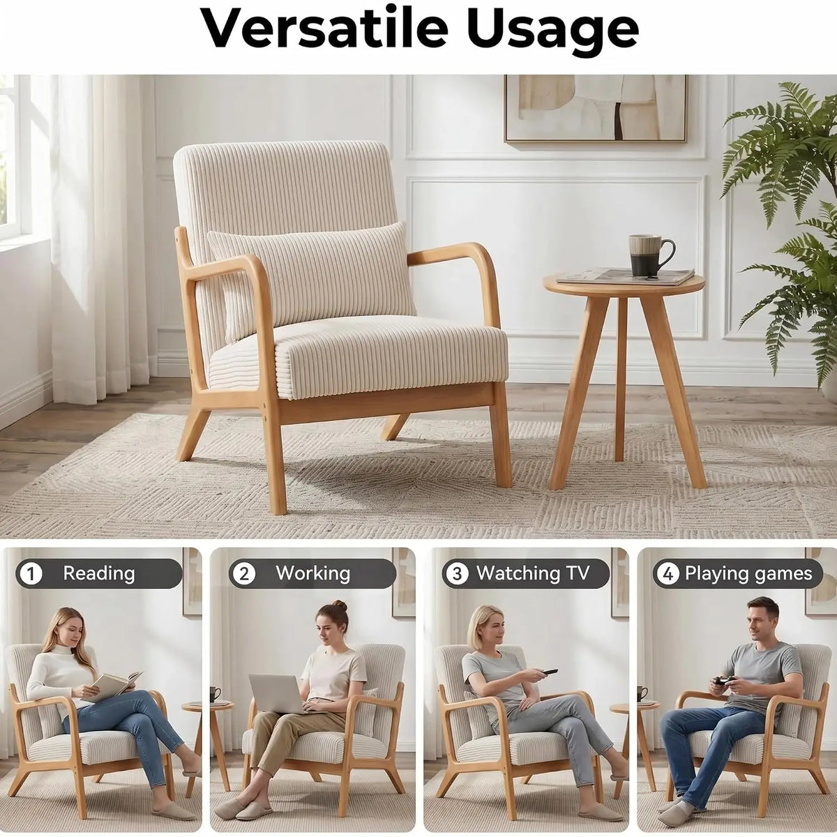 Mid Century Modern Upholstered Fabric Accent Armchairs Set of 2 with Lumbar Pillows & Solid Rubberwood Frame, Customized
