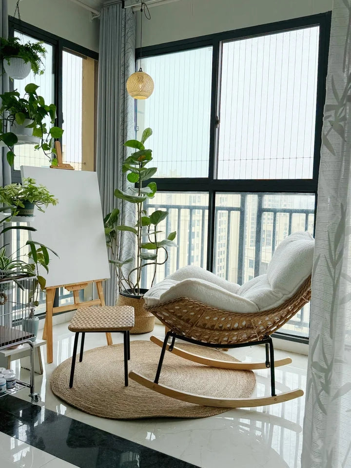 Rattan Rocking Chair for Sleeping Single Recliner Lounge Chair for Living Room Patio Outdoor Relaxing Seat Natural Wicker Rocker