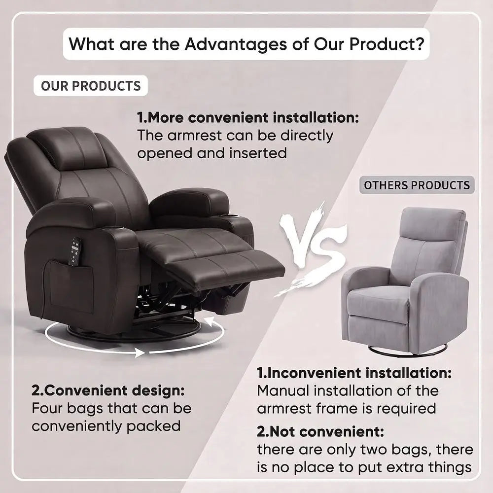 Recliner Chair, 360° Swivel Rocker Chair or Adults with Massage | Rocking Recliner Chair, Comy Single Sofa with Side Pockets and