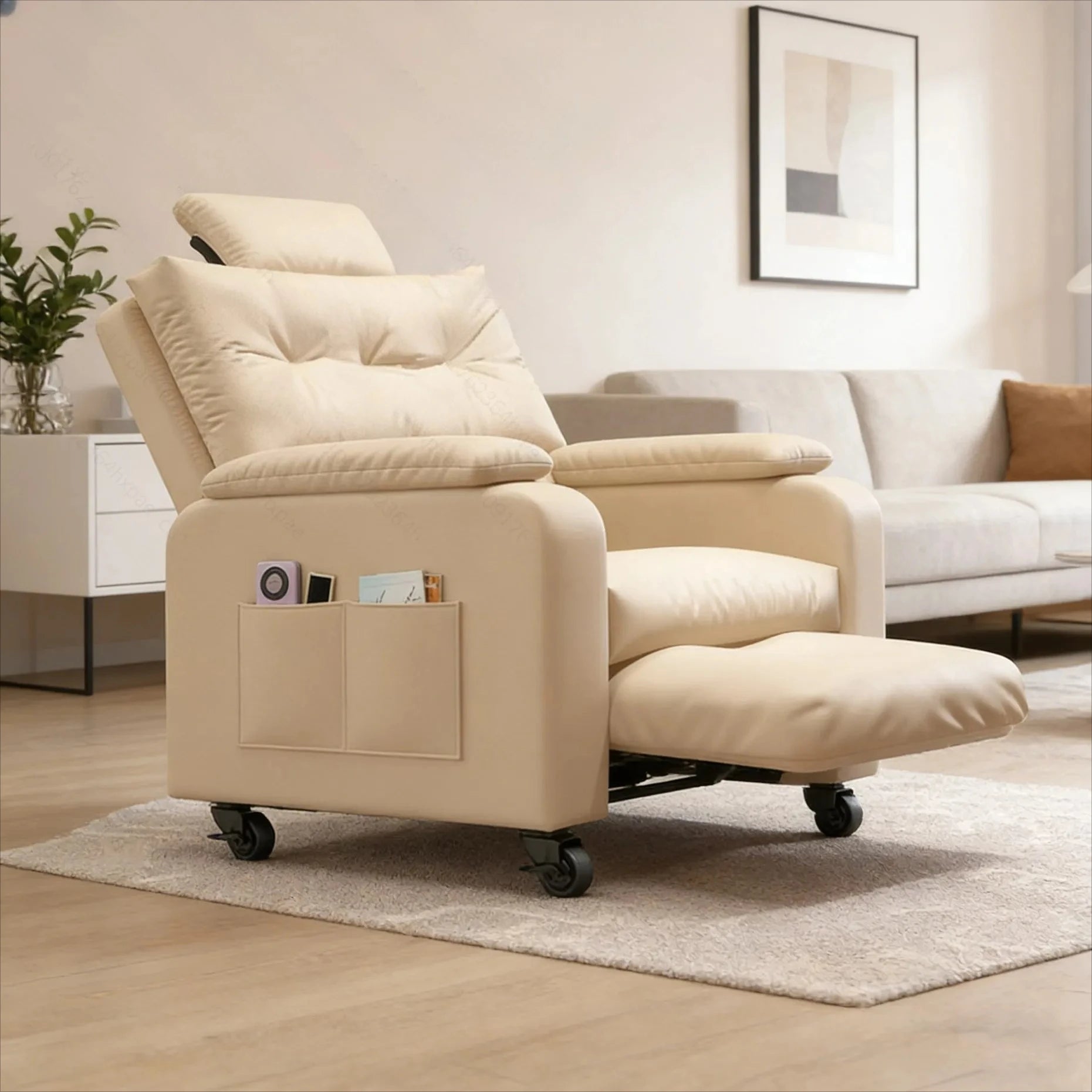 Soft Relaxing Armchair for Home Office Living Room Bedroom Adjustable Single Sofa Chair with Caster Cozy Reclining Lounge Chairs