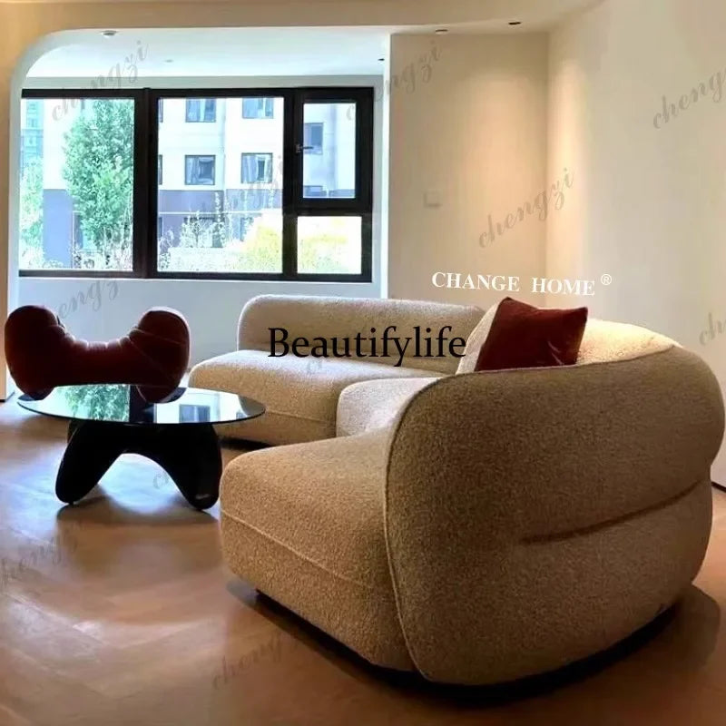 New arrive Nordic cream fabric sofa curved living room small apartment minimalist lamb wool three-person straight sofa