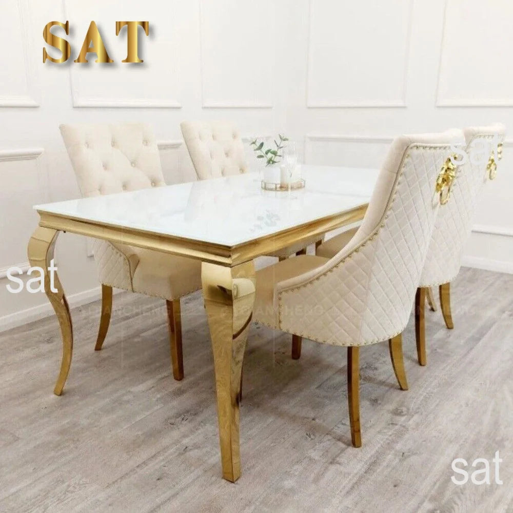 ！@Wholesale Luxury Dinning Table Set With Grey Solid Marble Top and 6 Grey Knocker Chairs Stainless Steel Chrome Dining Table