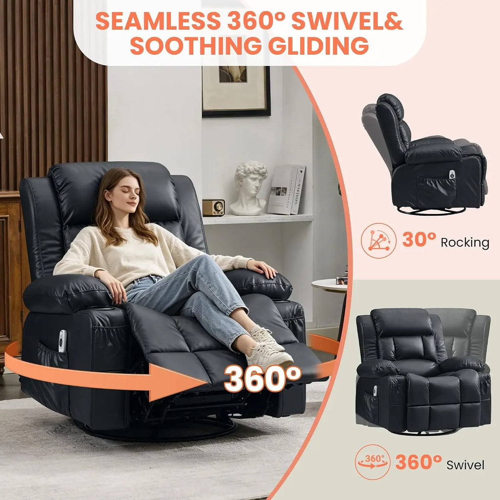 Ergonomic Swivel Rocking Recliner Chair, Vibration Massage & Heat, Custom