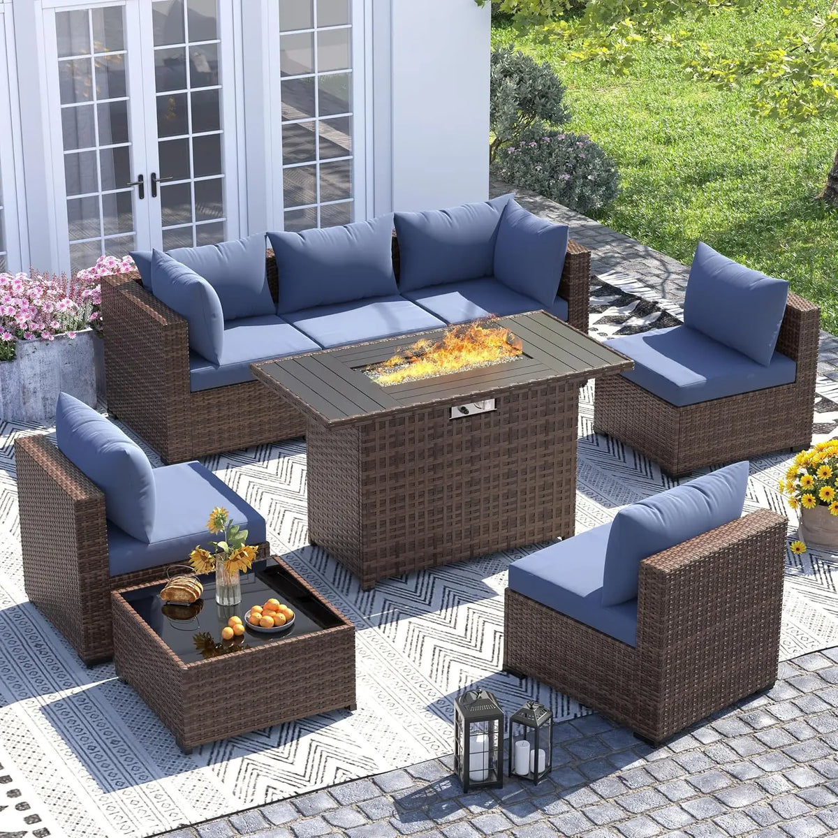 UDPATIO Outdoor Furniture 8-Piece Wicker Patio Set with 44" Fire Pit Table