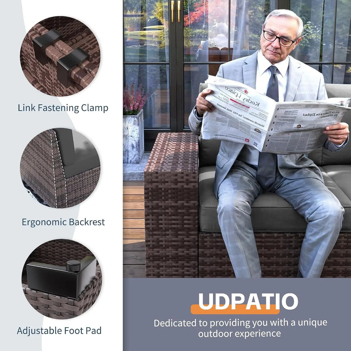 Outdoor Wicker Sectional Sofa Set with Fire Pit Table, 7-Piece All-Weather Patio Furniture with 8 Inch Armrest for Garden Backya