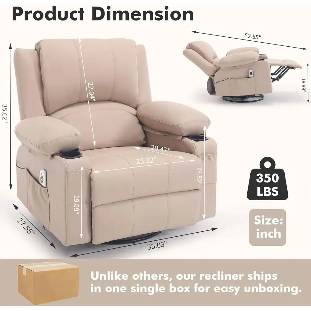 Leather Swivel Rocker Recliner with Heat Massage and Cup Holders, Plush Rocking Glider Chair with Heated Massaging Recline, Beig