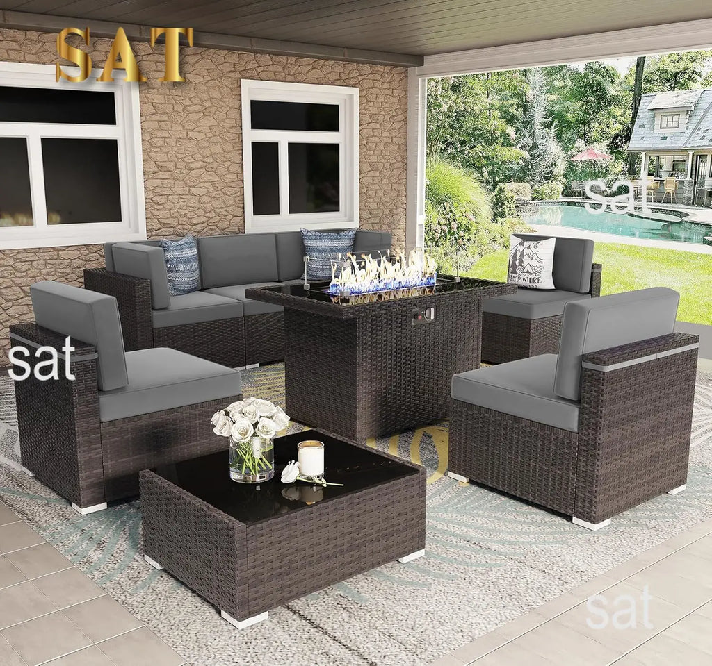 u*-8 Pieces Patio Furniture Set With 44" Propane Gas Fire Pit Table, Outdoor Sectional Brown Rattan Wicker, Customized