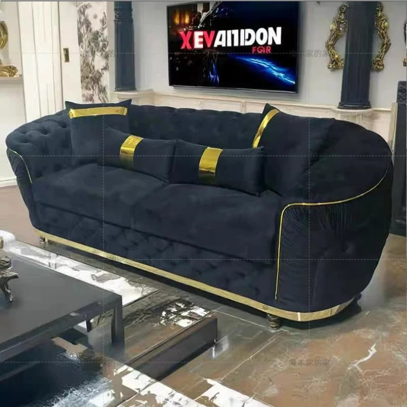 Luxury Chesterfield Sectional Sofa Set with Cloth Buttons and Fabric Modular Couch with Gold Stainless Steel Base, 3-seater Sofa