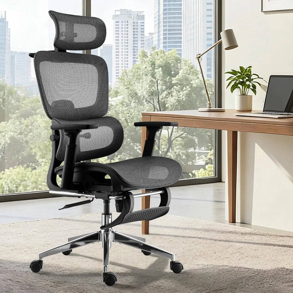 Ergonomic Office Chair, Home Mesh Desk Computer Chair, Comfortable Gaming Chair with Footrest, Wheels, Adjustable 2D Headrest, L