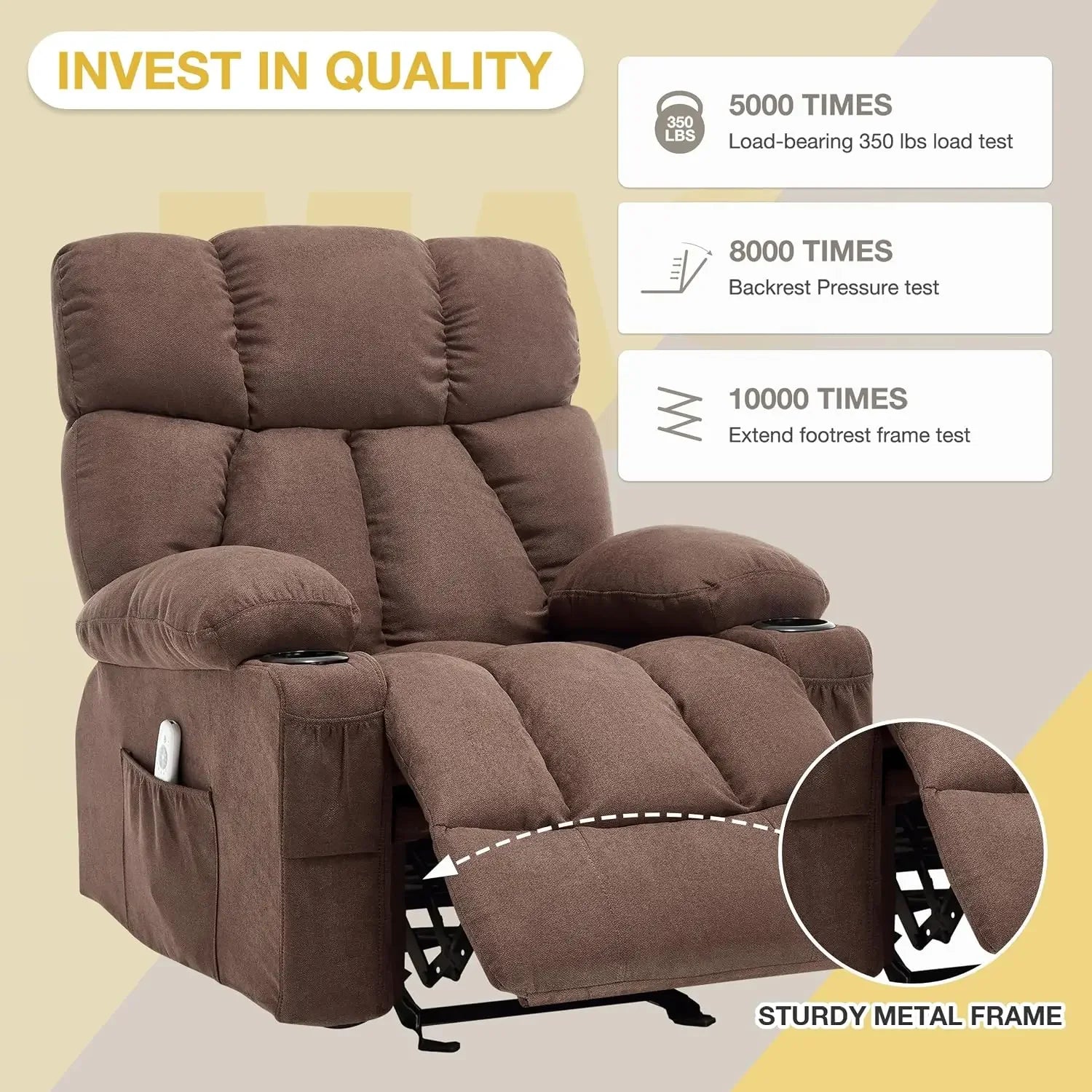 Brown Fabric Massage Recliner Rocker Ergonomic Chair Heat Vibration USB Cup Holders Side Pocket