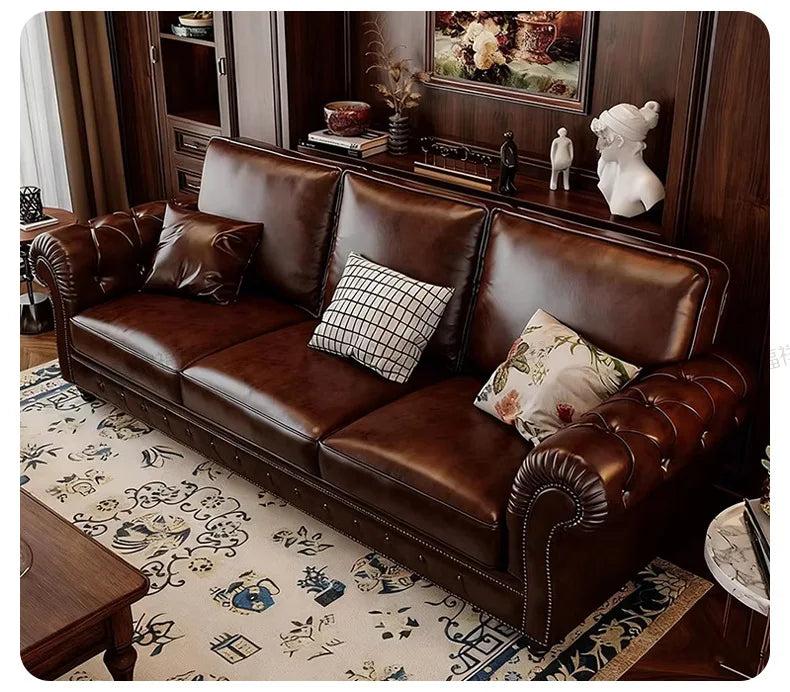 4-10 genuine leather sofa, living room 3-4 seater sectional, vintage oil wax leather brown straight sofa