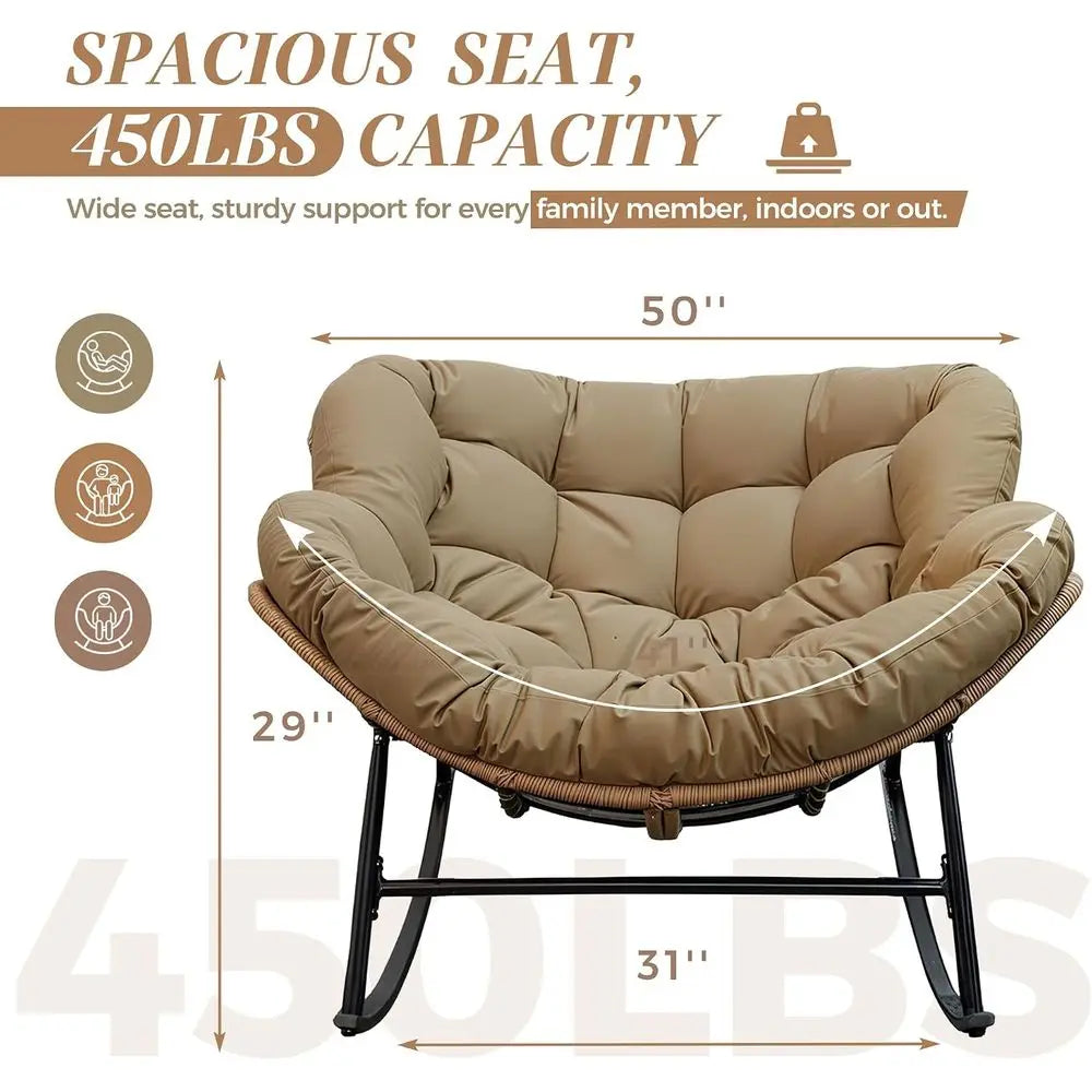 Outdoor Papasan Rocking Chair with Cushion and e, Oversized Large Patio Lounge Chairs, Rattan Comy Egg Recliner Chair, 450 Lbs a