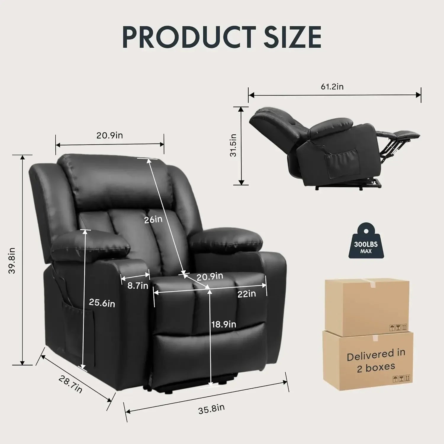 XL31 Power Lift Recliner Chair for Elderly, Electric Lift Chair with Massage & Heat, PU Leather Reclining Sofa w/Cup Holders, Si
