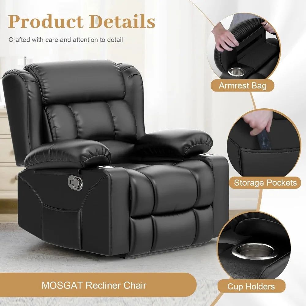 Oversized Manual Recliner Chair with Cup Holder & Storage, Single Reclining Sofa for Living Room Home Theater RV