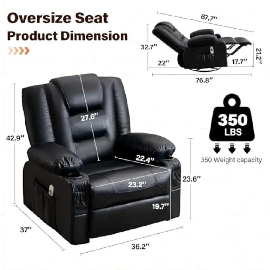 Swivel Rocker Recliner Chair with Vibration Massage and Heat for Living Room, with Rocking Function and Side Pocket, PU Leather