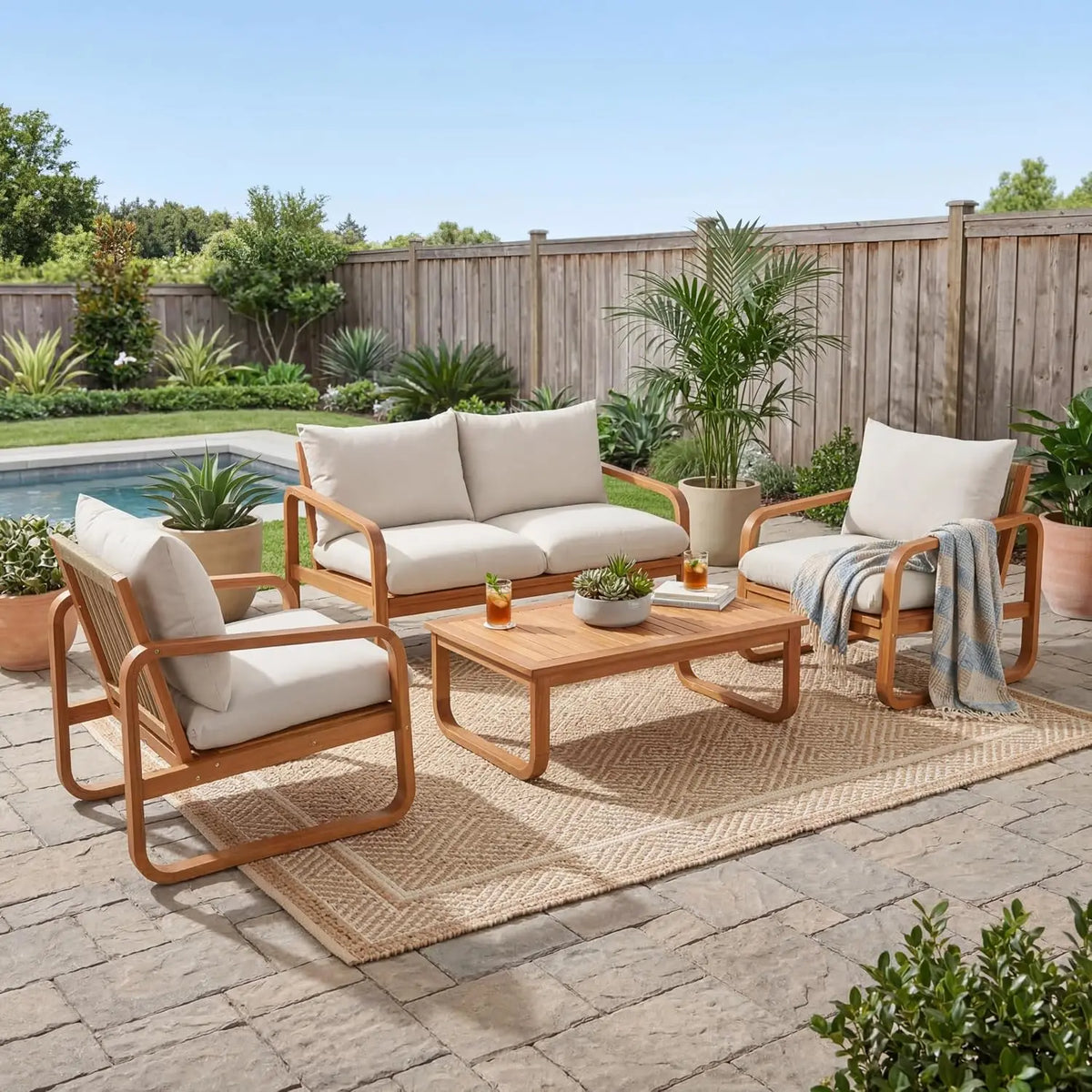 4-Piece Patio Set, All Weather Sectional w/ 2 Chairs, Loveseat & Table, Acacia Wood Outdoor Furniture with Cushions, Customized