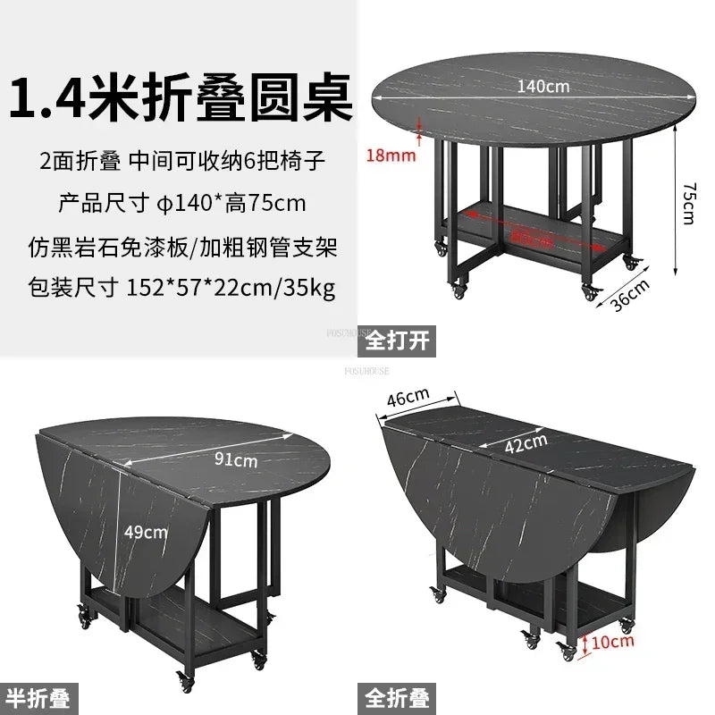Home Folding Dining Table Set with Chairs Mobile Round Furniture Modern Kitchen Living Room Light Luxury Simple Portable