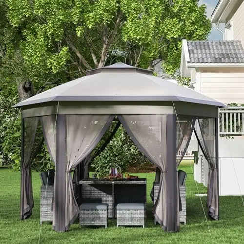 13' x 13' Pop Up Gazebo, Hexagonal Canopy Shelter with 6 Zippered Mesh Netting, Event Tent with Strong Steel Frame for