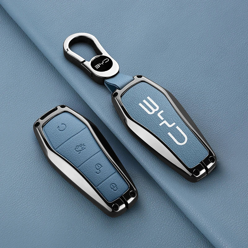 Alloy Leather Car Smart Remote Key Case Cover Emblem Accessories For BYD Song Pro Tang Dmi QIn PLUS MAX Yuan EV Dolphin Seagull