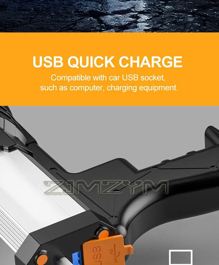 Super Bright Searchlight Powerful Rechargeable Flashlight LED Work Light Long Lasting Spotlight Camping Lantern With Side Light