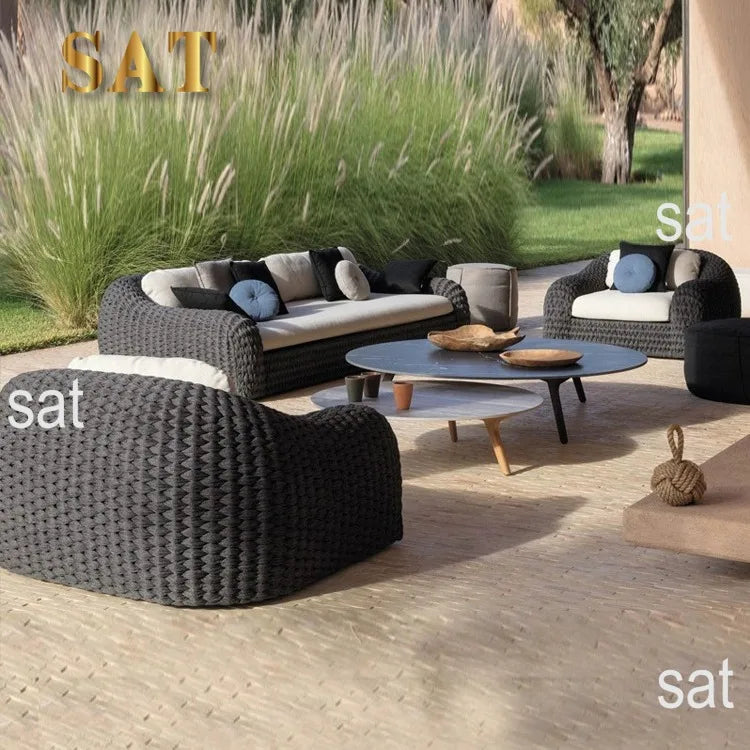 Outdoor sunscreen PE rattan rope sofa set with waterproof seat cushion Nordic design U-shaped removable garden furniture
