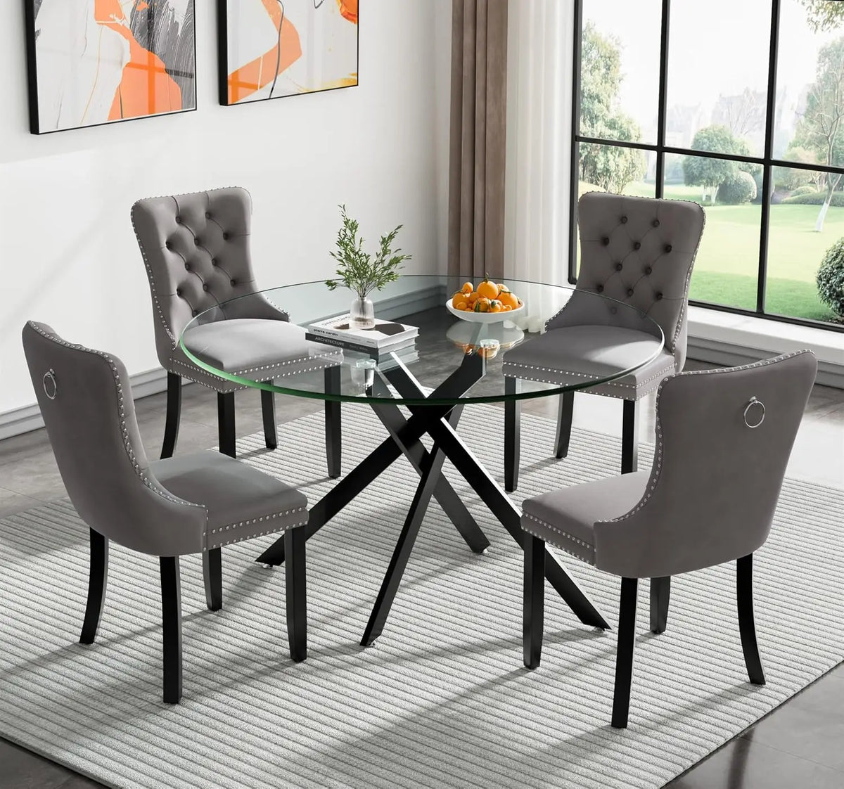 5-Piece Round Glass Dining Table Set for 4, 47.2" Circle Table with 4 Tufted Chairs for Kitchen Home Office, Customized