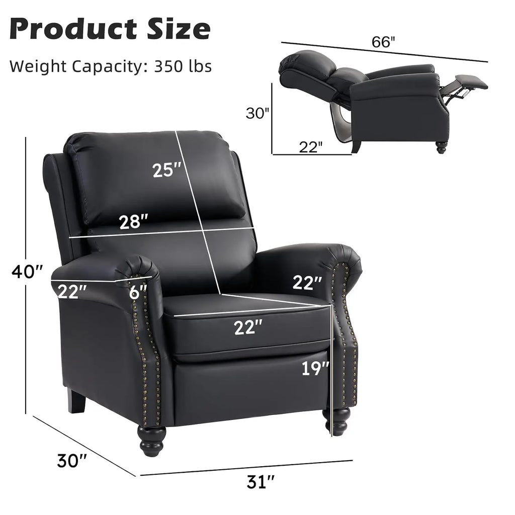 PU Leather Push Back Recliner Armchair with Lumbar Support Overstuffed Foam Wood Legs, Single Sofa for Living Room, Customized