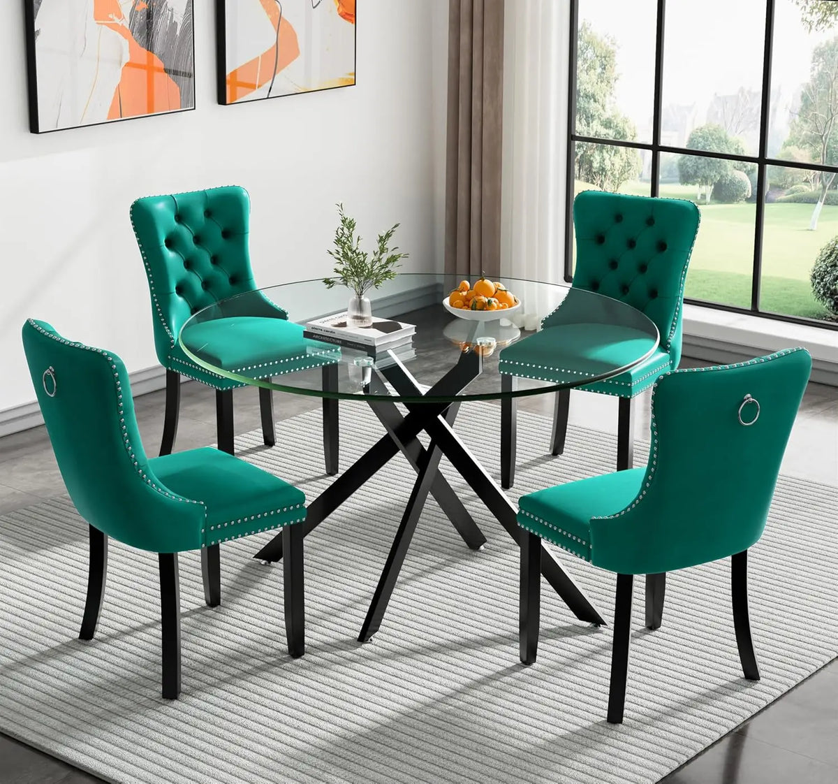5-Piece Round Glass Dining Table Set for 4, 47.2" Circle Table with 4 Tufted Chairs for Kitchen Home Office, Customized