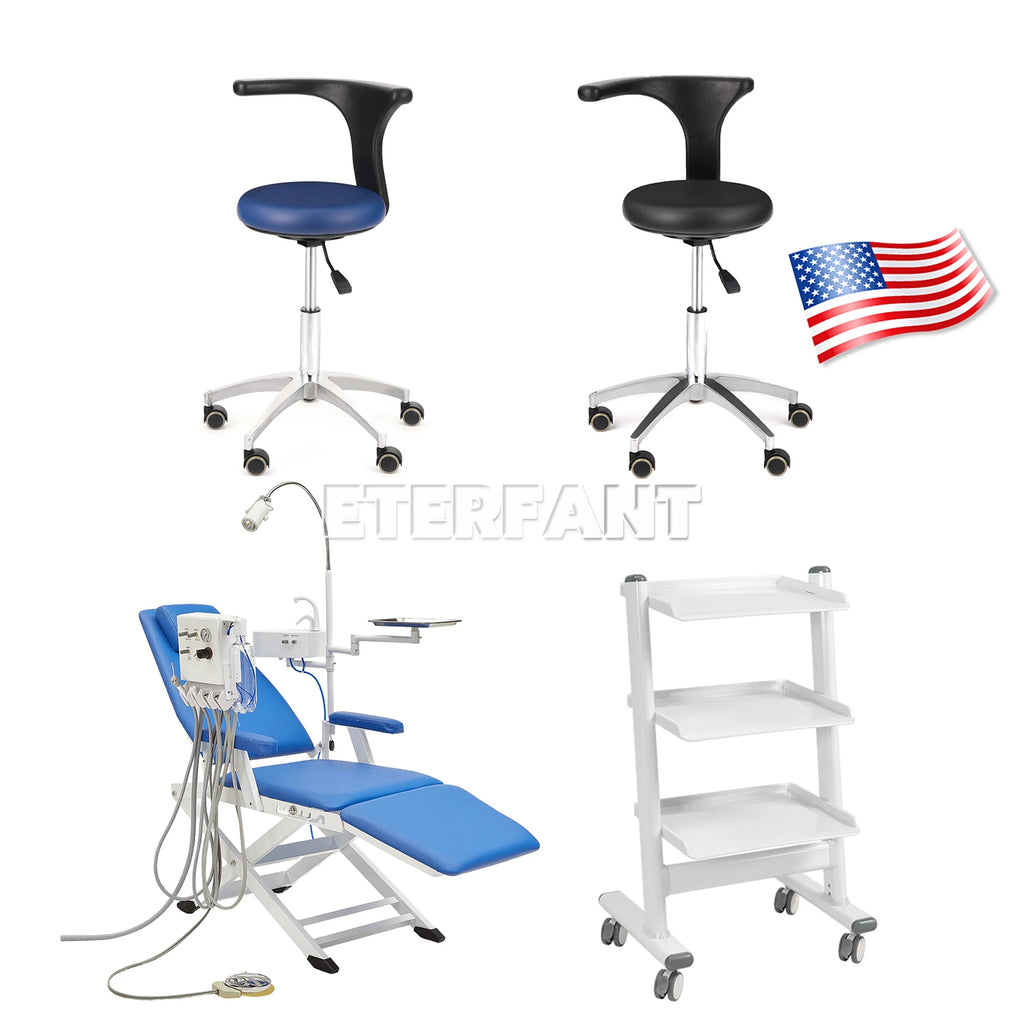 Dental Mobile Chair Black/Blue/Folding Chair with LED Light+Turbine Unit 4H PU/3Layer Trolley Cart Tool Mobile ABS with Socket